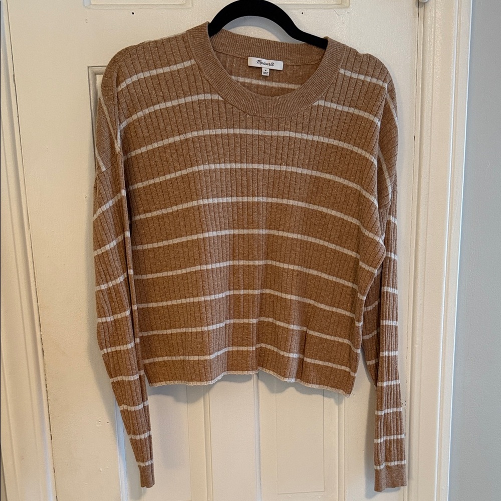 Madewell Tan and White Striped Crewneck Sweater